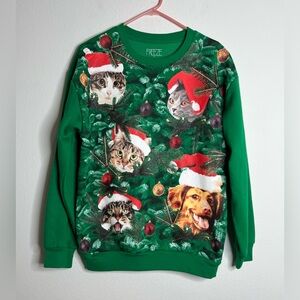 FREEZE Ugly Sweater Christmas Cat and Dogs Green No Lights Unixex Size Small